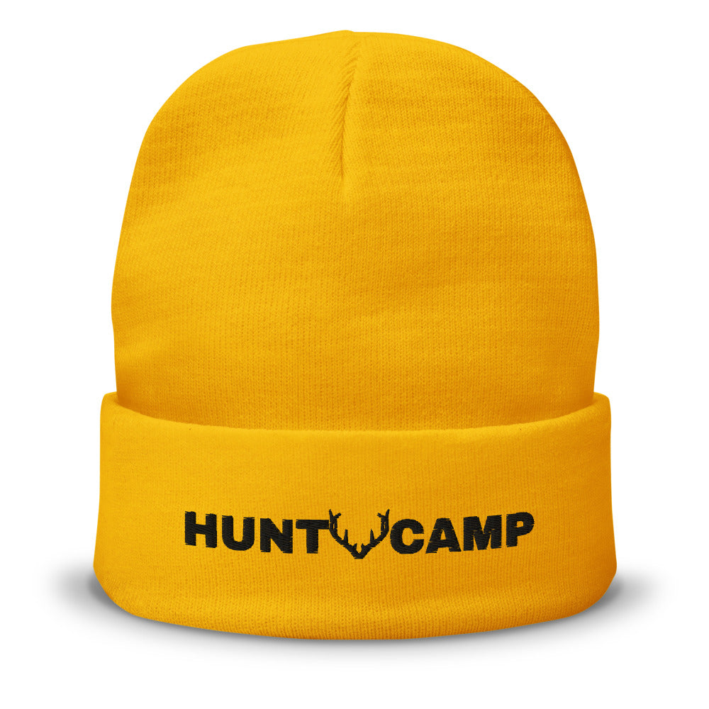 Hunt Camp Cuffed Beanie in gold, embroidered cuff, front view