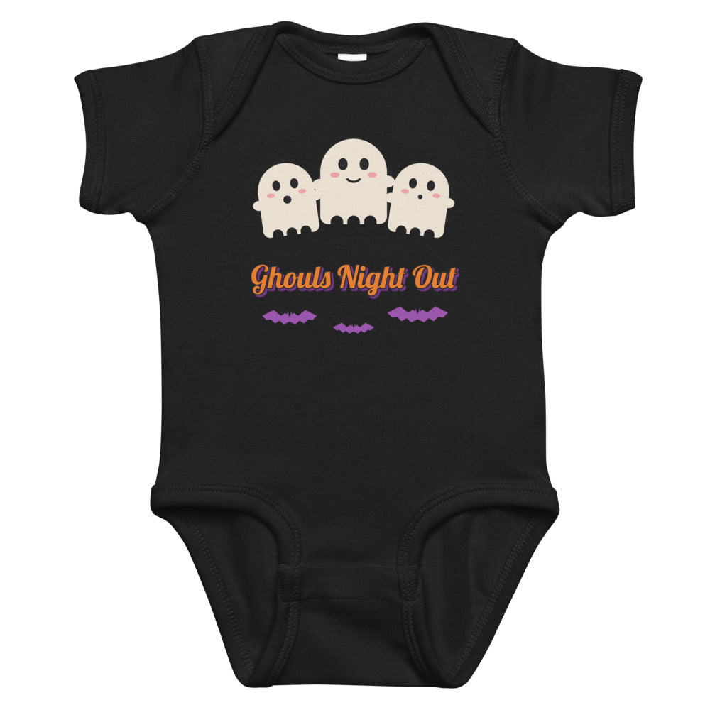 Ghouls Night Out Baby Onesie in black, mockup of the design printed on the front of the baby onesie