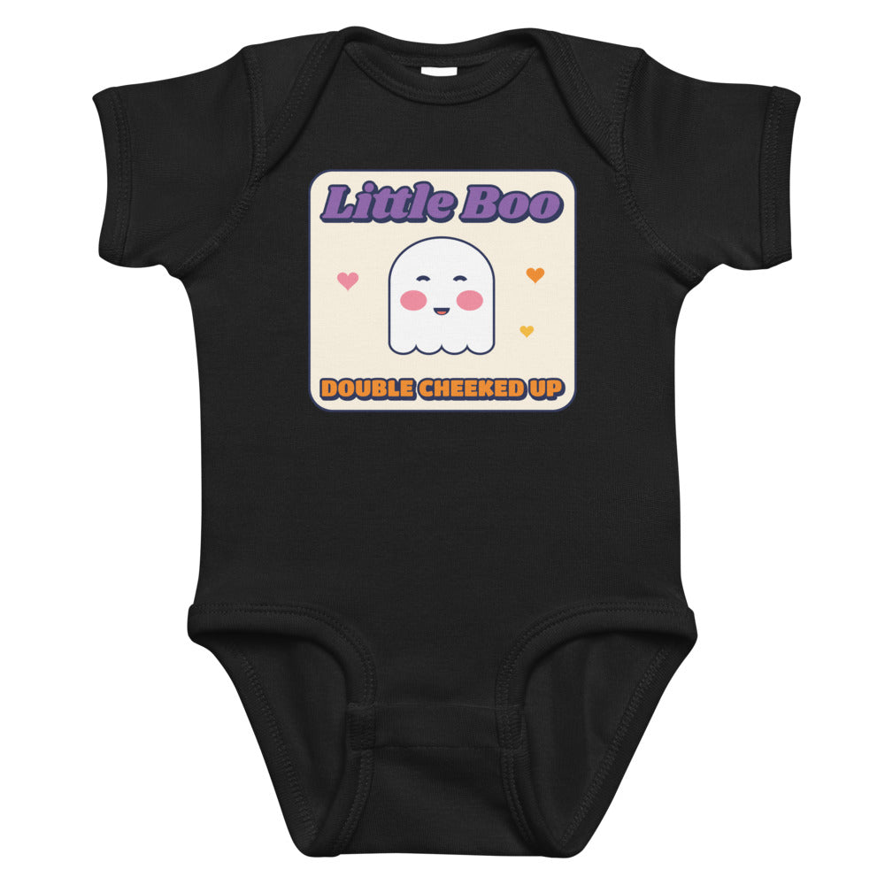 Double Cheeked Up Little Boo Baby Onesie in black, mockup of the design printed on the front of the baby onesie