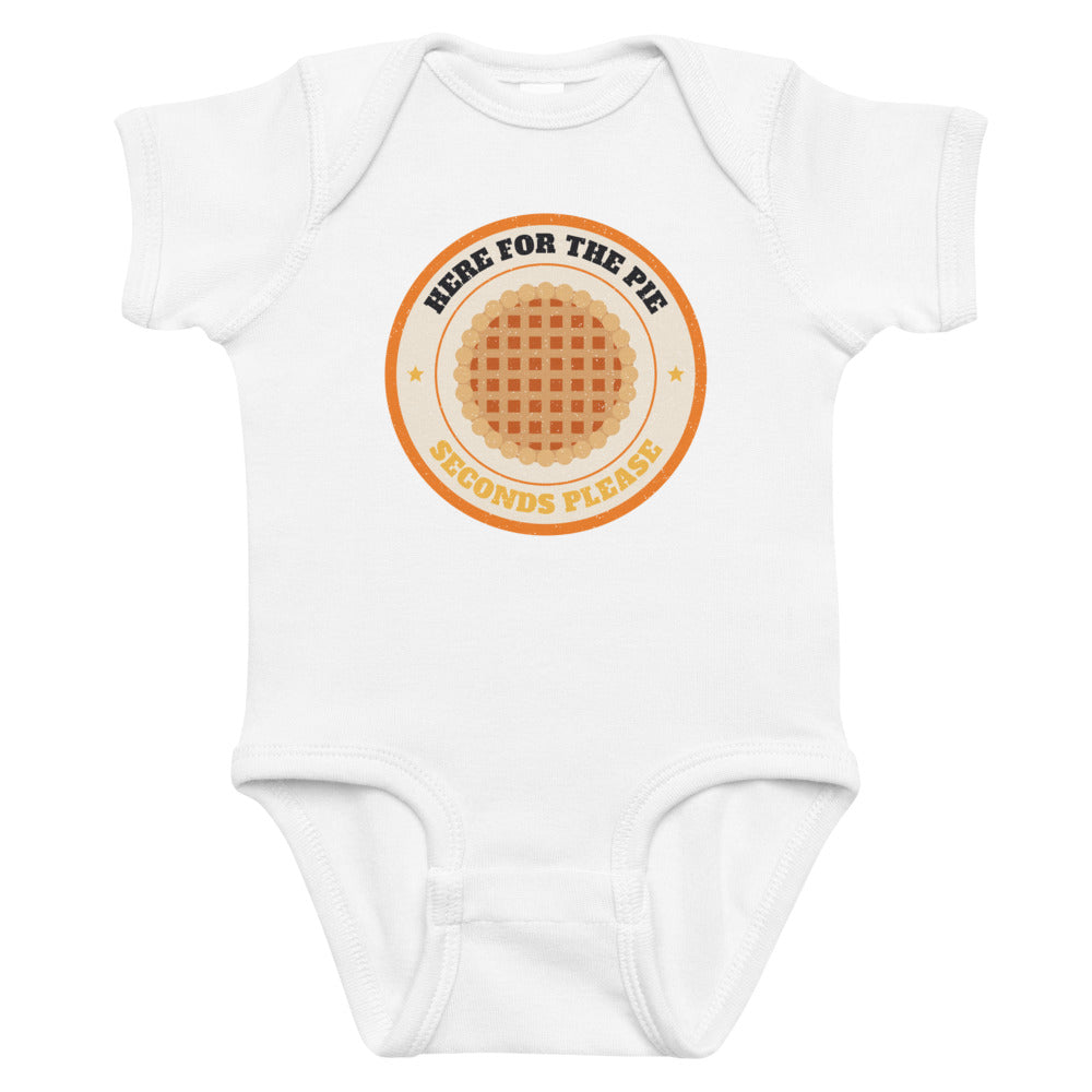 Here for the Pie Baby Onesie in white, mockup of the design printed on the front of the baby onesie