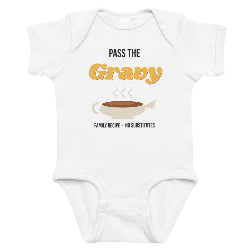 Pass the Gravy Baby Onesie in white, mockup of the design printed on the front of the baby onesie