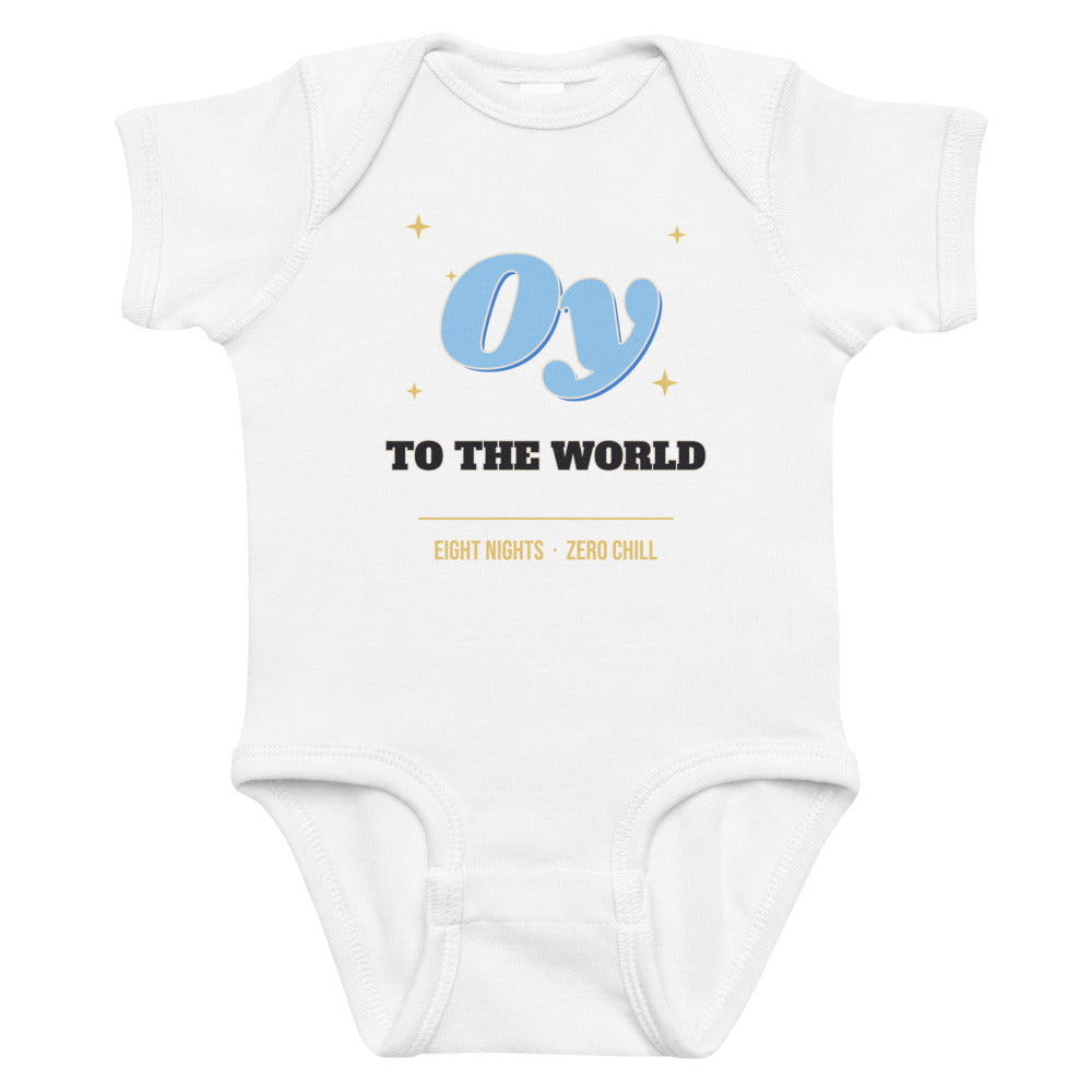 Oy to the World Baby Onesie in white, mockup of the design printed on the front of the baby onesie
