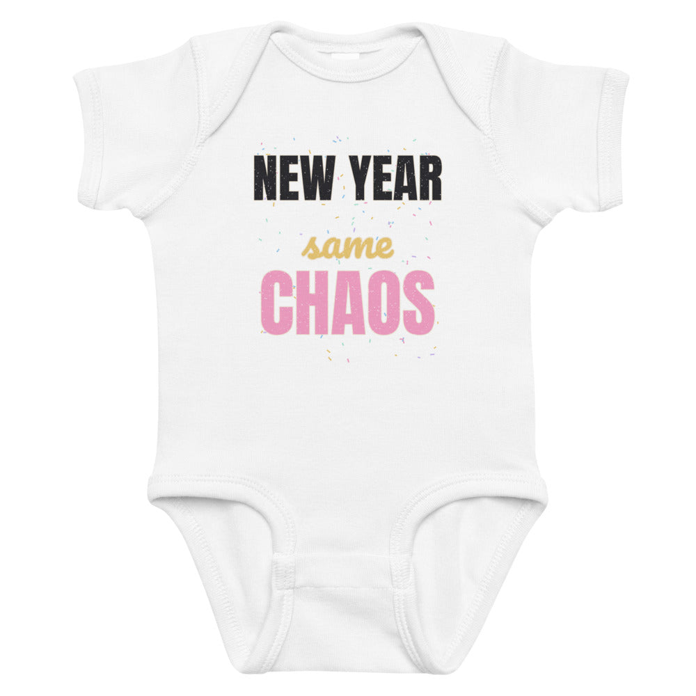 New Year Same Chaos Baby Onesie in white, mockup of the design printed on the front of the baby onesie