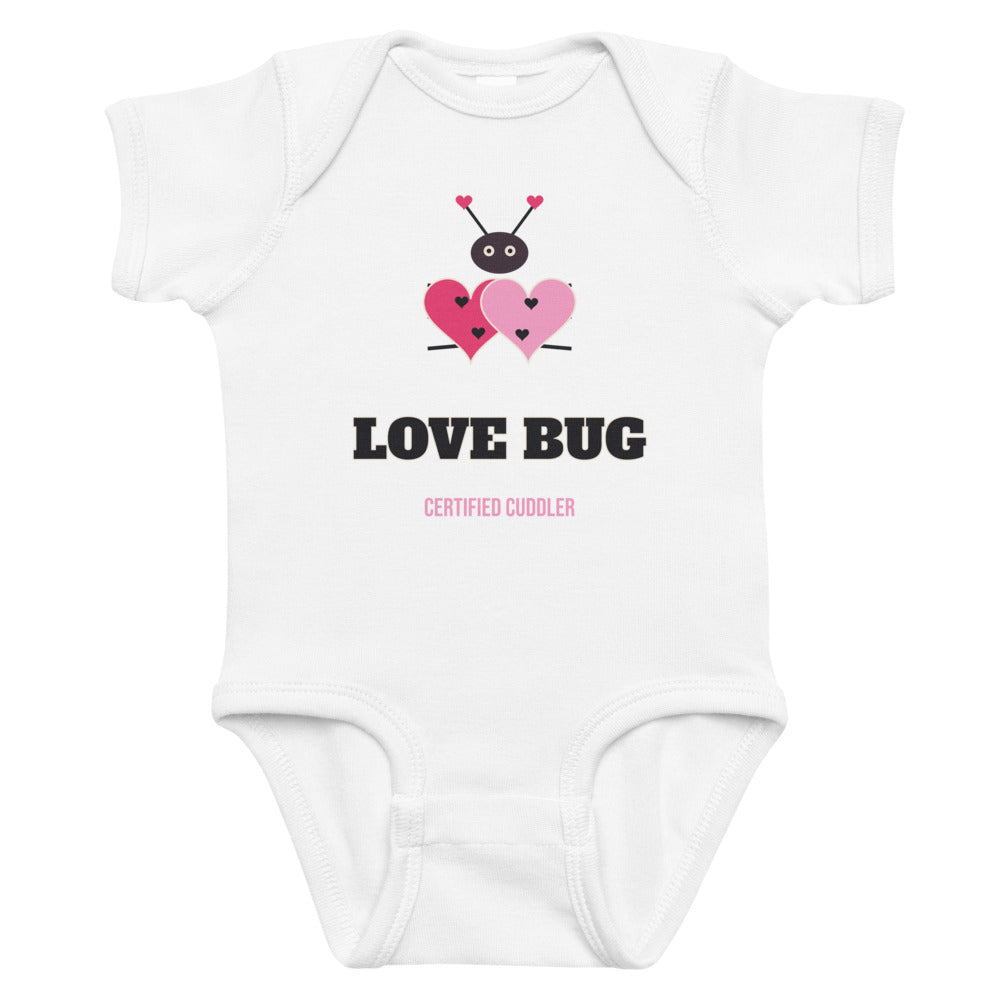 Love Bug Baby Onesie in white, mockup of the design printed on the front of the baby onesie