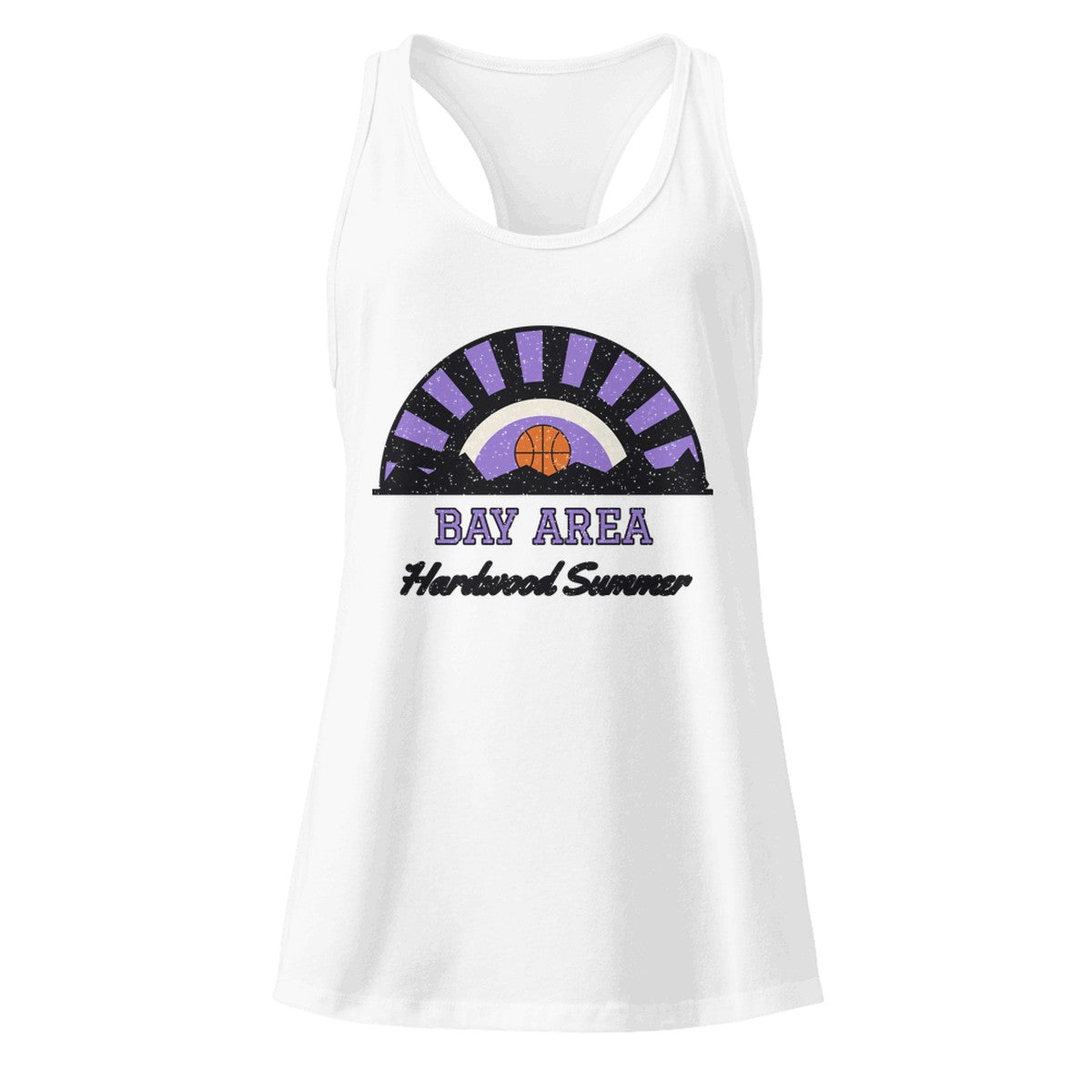 Women's Bay Area Hardwood Summer Racerback Tank in White, front view