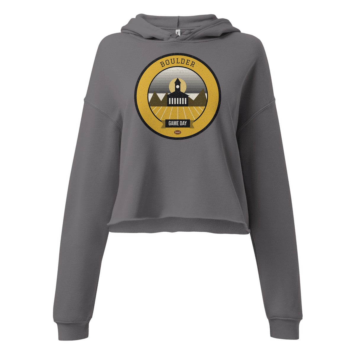 Women's Black & Gold Flatirons Game Day Cropped Hoodie in Storm, front view