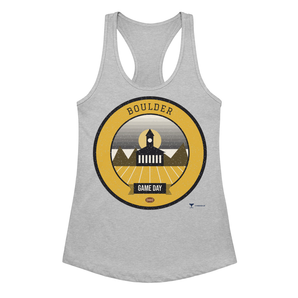 Women's Black & Gold Flatirons Game Day Racerback Tank in Heather Gray, front view