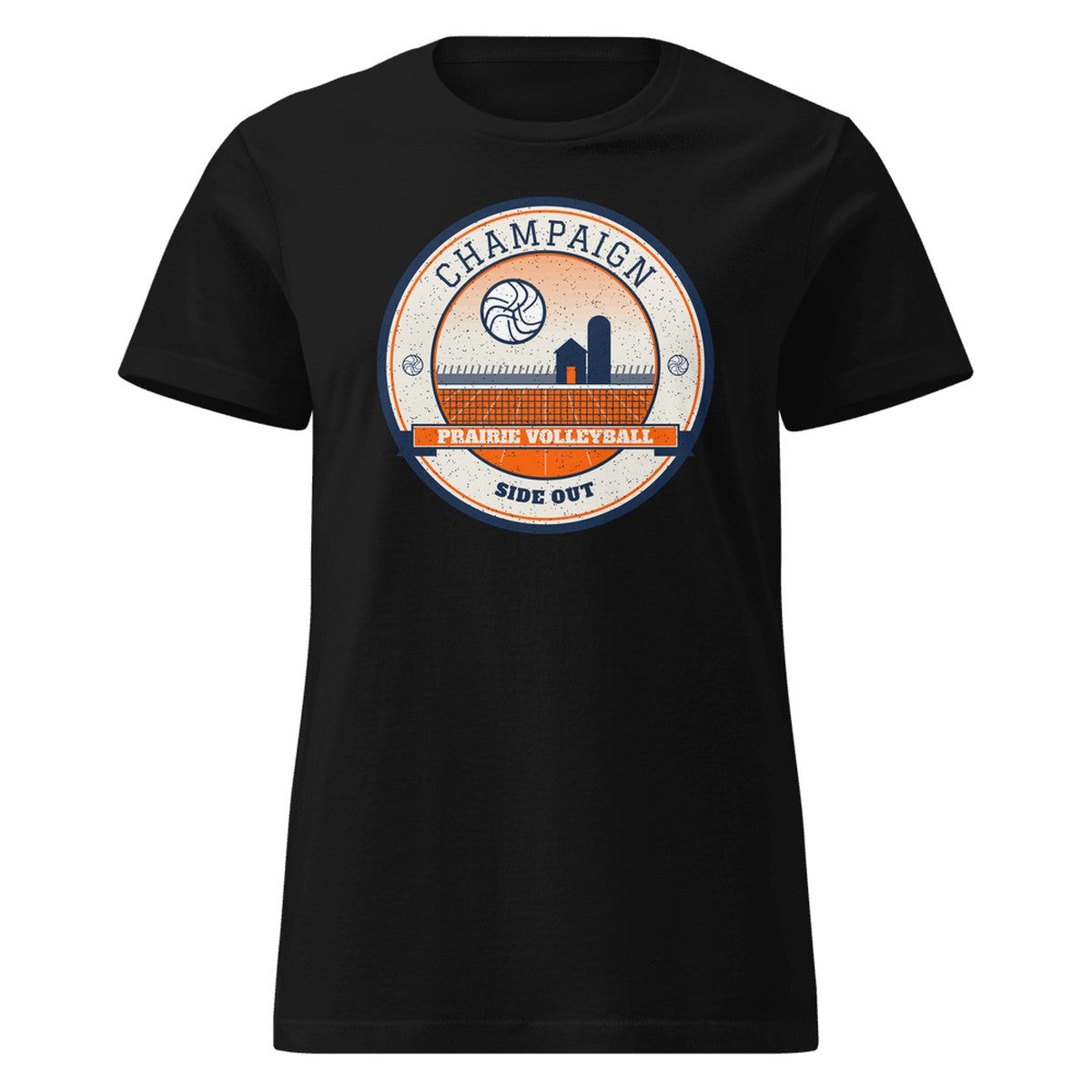 Champaign Prairie Volleyball Women's Fitted Tee in Black, front view