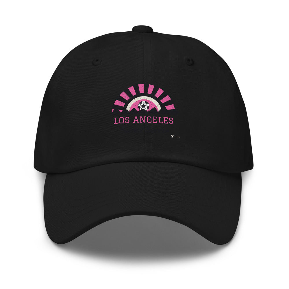 Los Angeles Sunset Soccer Dad Hat in black, design printed on the front panel, front view