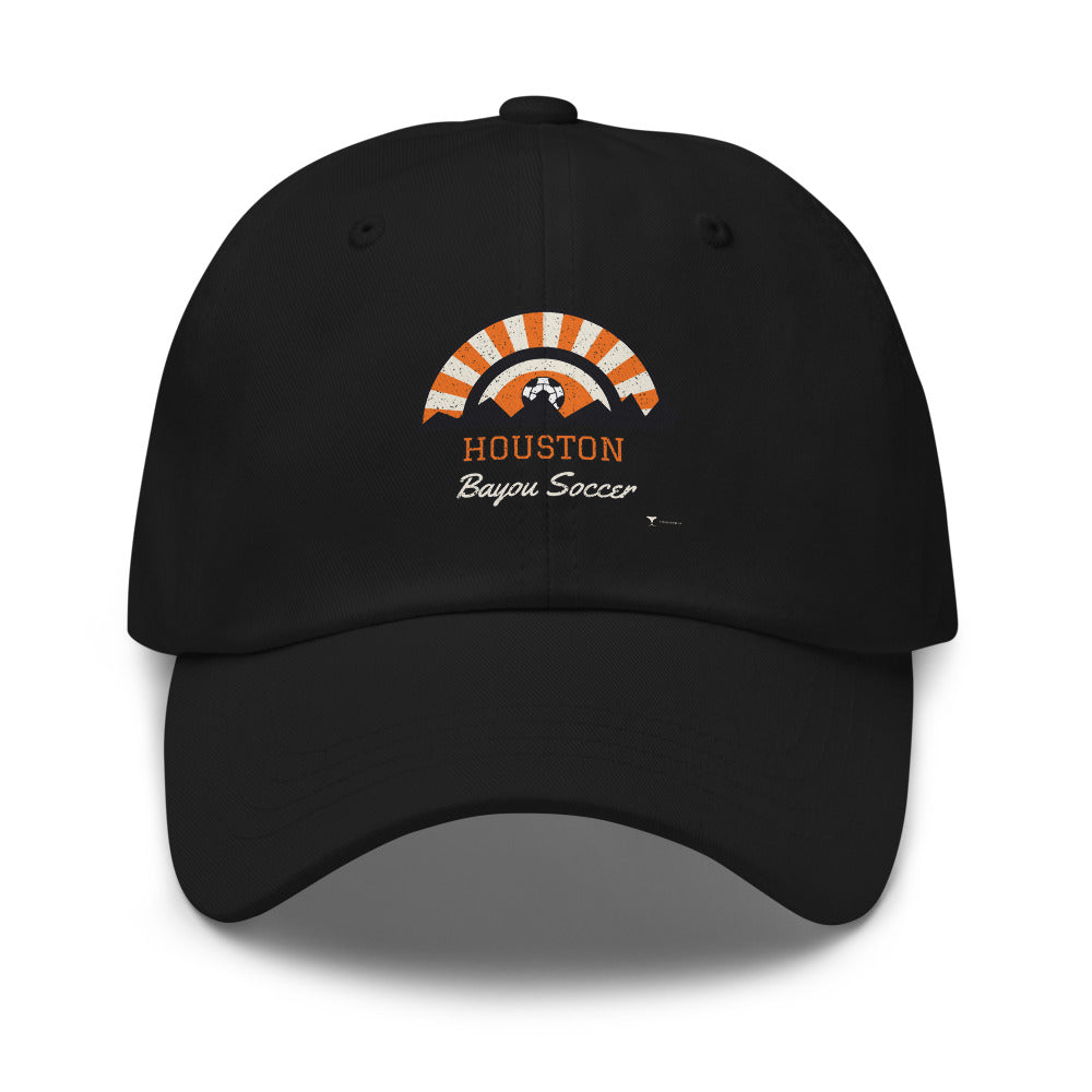 Houston Bayou Soccer Dad Hat in black, design printed on the front panel, front view