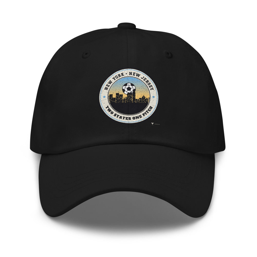 NY NJ Two States One Pitch Dad Hat in black, design printed on the front panel, front view