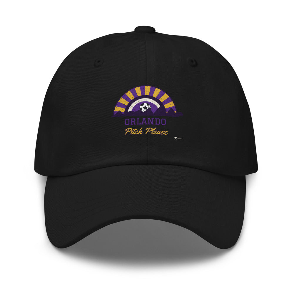 Orlando Pitch Please Dad Hat in black, design printed on the front panel, front view