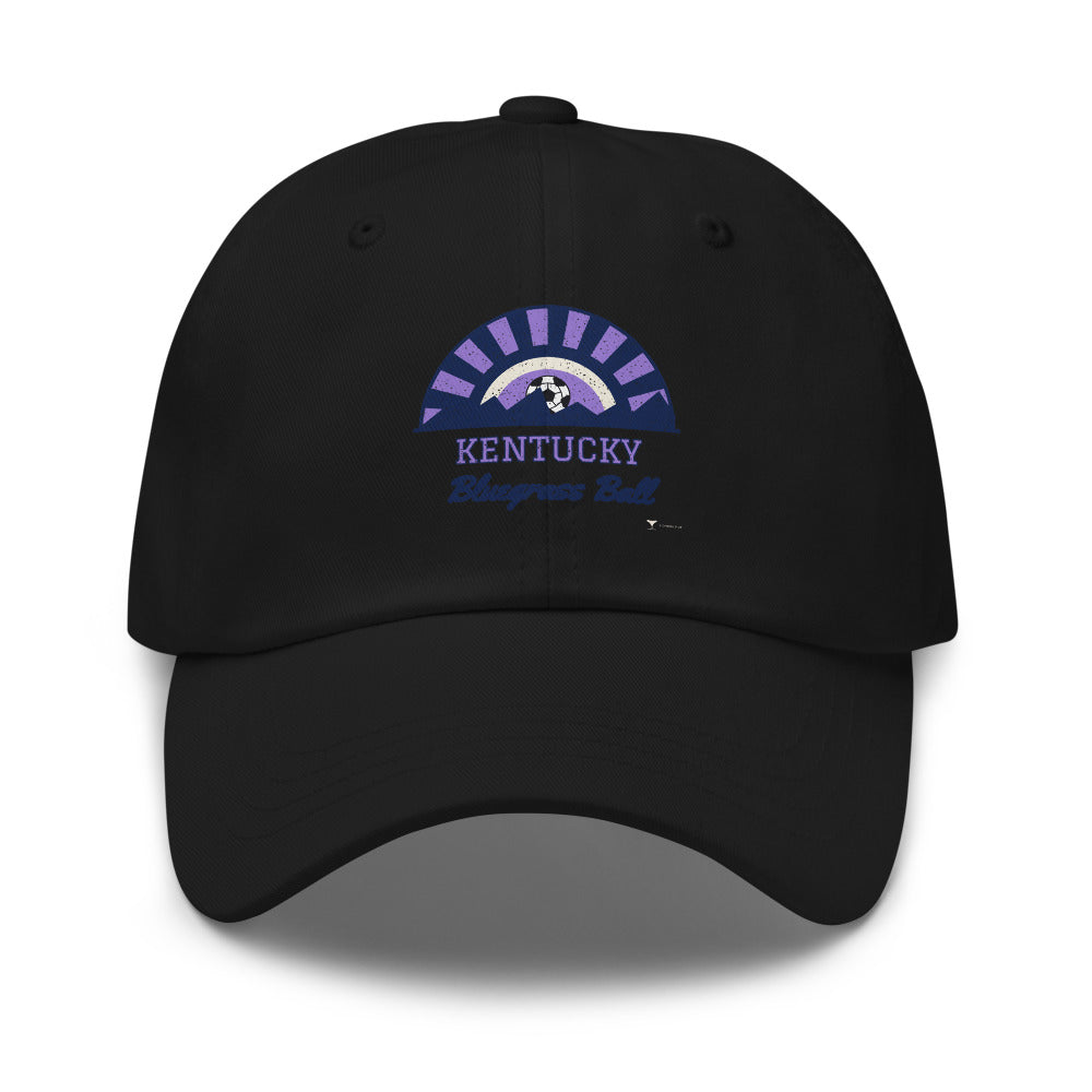 Kentucky Bluegrass Ball Dad Hat in black, design printed on the front panel, front view