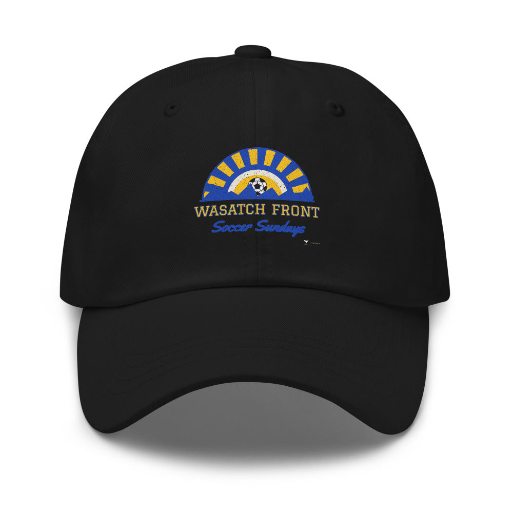 Wasatch Front Soccer Sundays Dad Hat in black, design printed on the front panel, front view