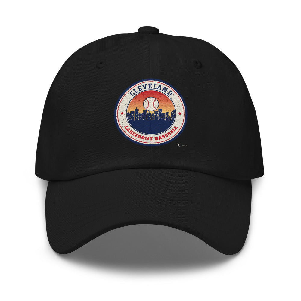 Cleveland Lakefront Baseball Dad Hat in black, design printed on the front panel, front view
