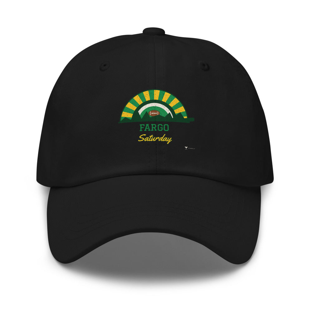 Fargo Saturday Dad Hat in black, design printed on the front panel, front view