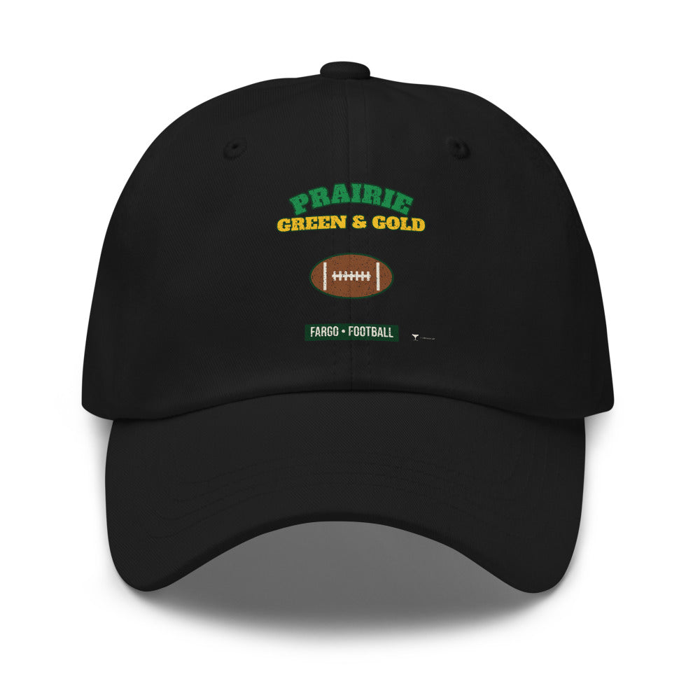 Prairie Green & Gold Fargo Football Dad Hat in black, design printed on the front panel, front view