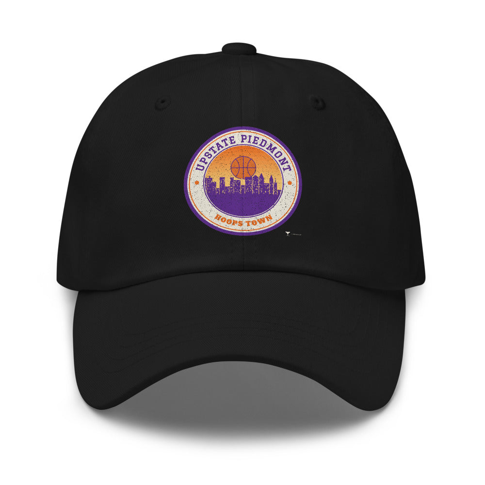 Upstate Piedmont Hoops Town Dad Hat in black, design printed on the front panel, front view