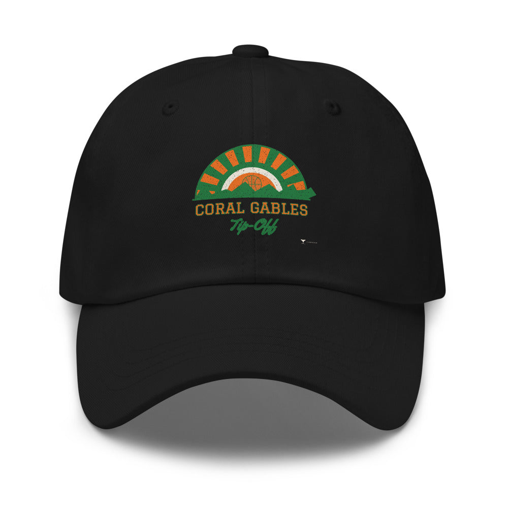 Coral Gables Tip-Off Dad Hat in black, design printed on the front panel, front view
