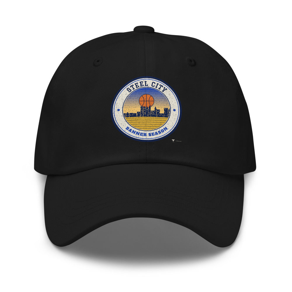 Steel City Banner Season Dad Hat in black, design printed on the front panel, front view