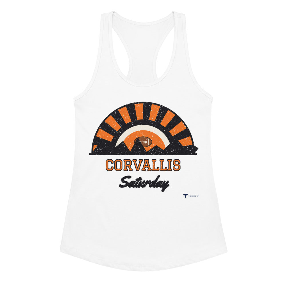 Women's Corvallis Saturday Racerback Tank in White, front view
