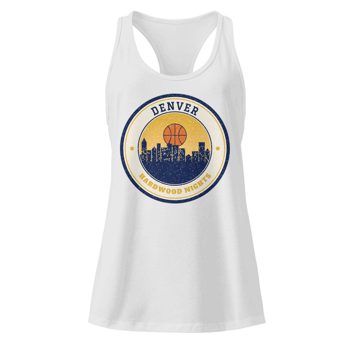 Women's Denver Hardwood Nights Racerback Tank in Heather Gray, front view