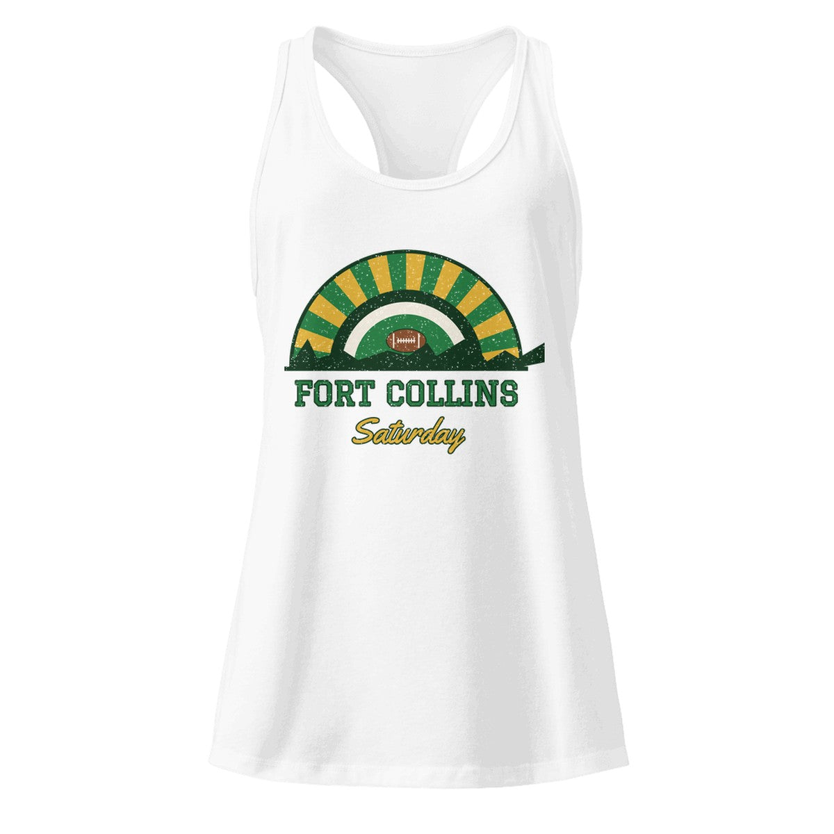 Women's Fort Collins Saturday Racerback Tank in White, front view