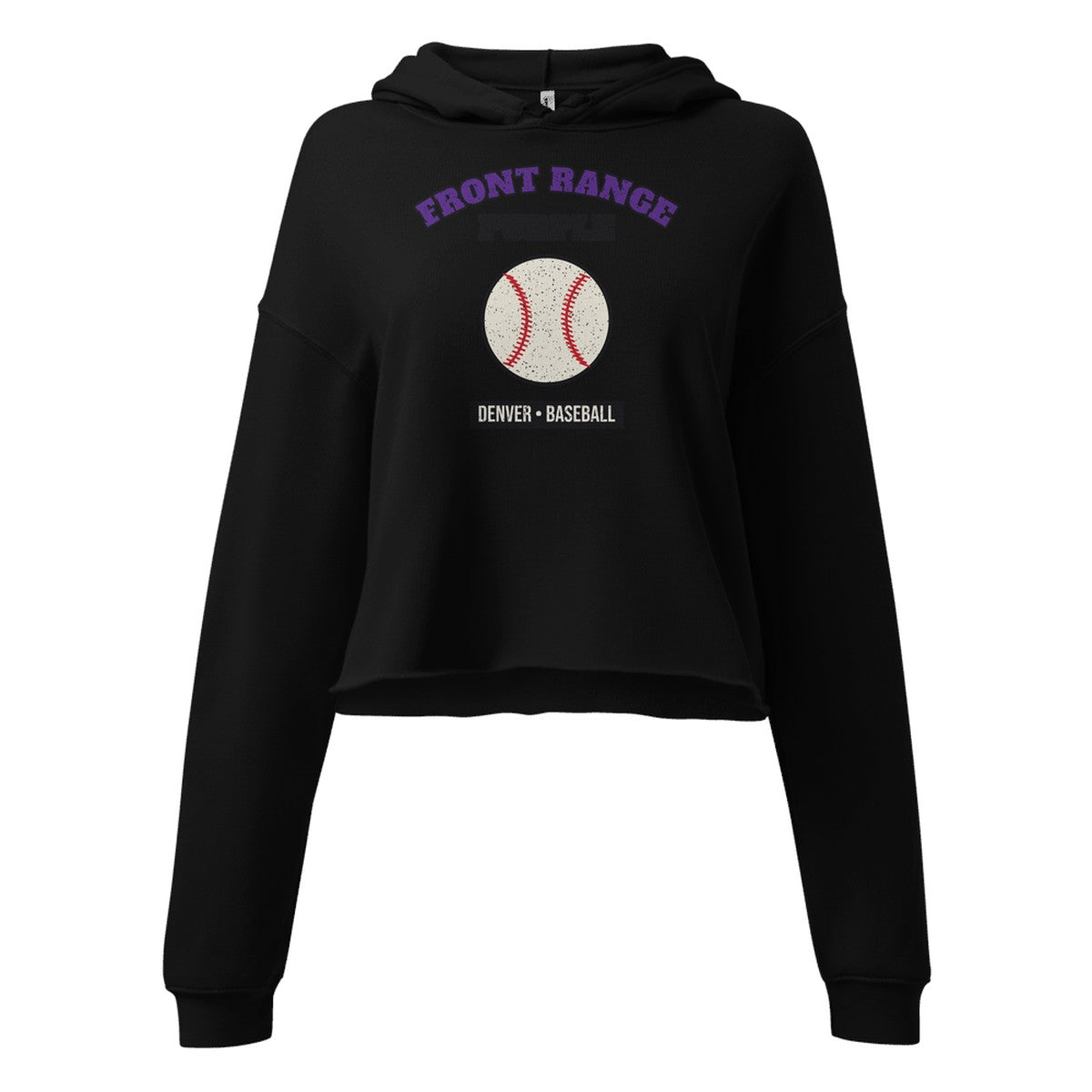 Women's Front Range Purple Baseball Cropped Hoodie in Black, front view