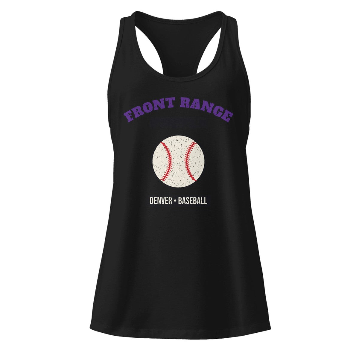 Women's Front Range Purple Baseball Racerback Tank in Black, front view