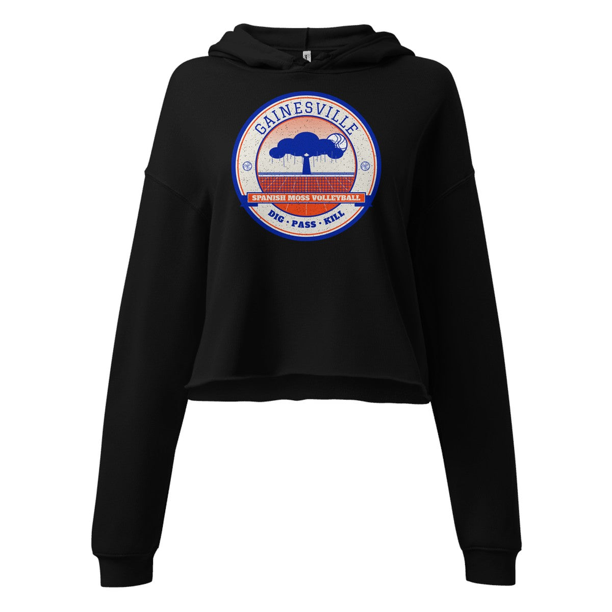 Gainesville Spanish Moss Volleyball Women's Cropped Hoodie in Black, front view