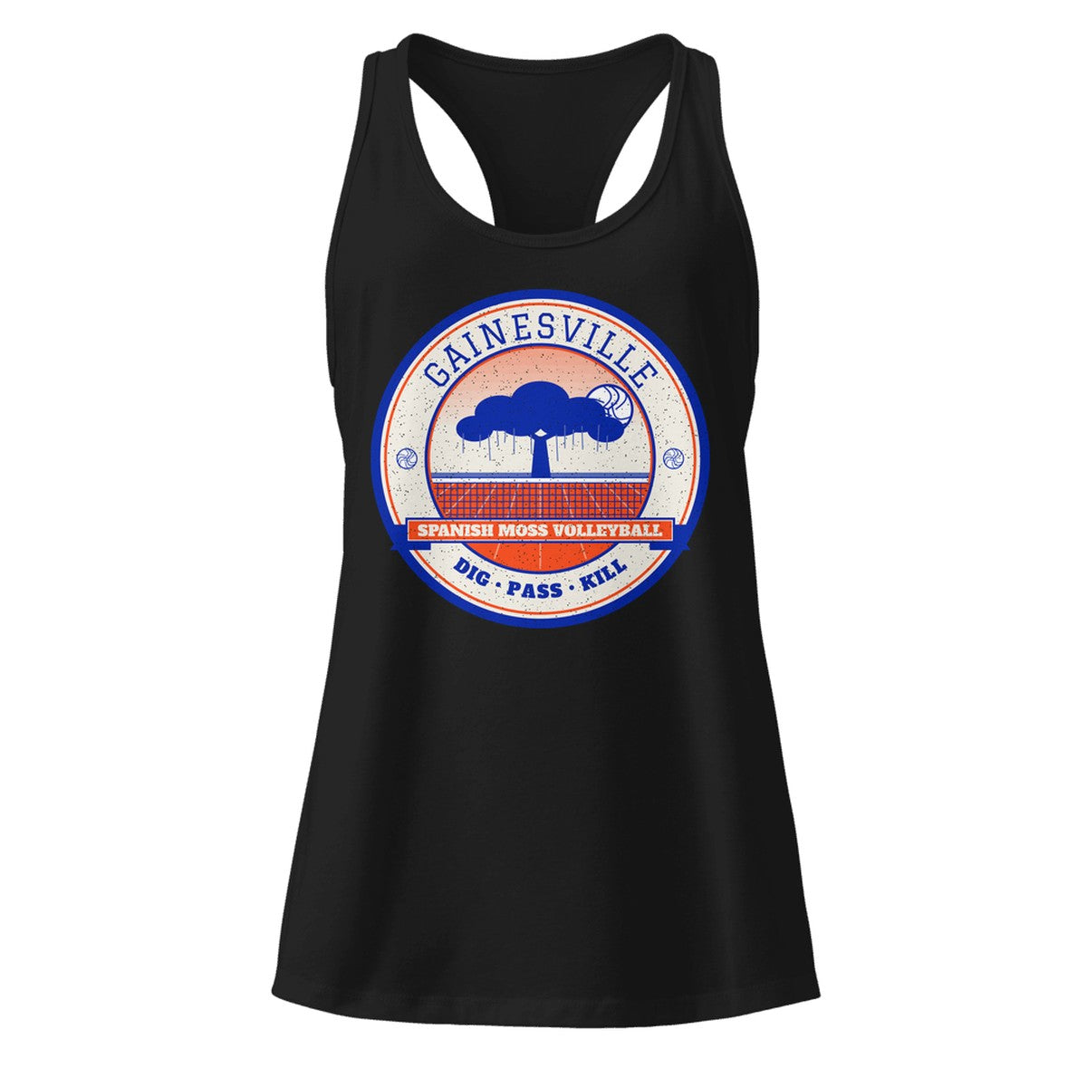 Gainesville Spanish Moss Volleyball Women's Racerback Tank in Black, front view