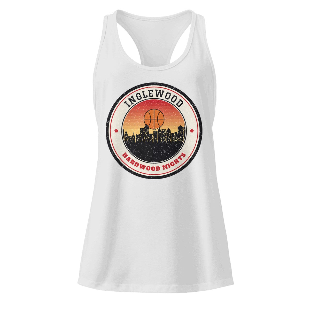 Women's Inglewood Hardwood Nights Racerback Tank in Heather Gray, front view
