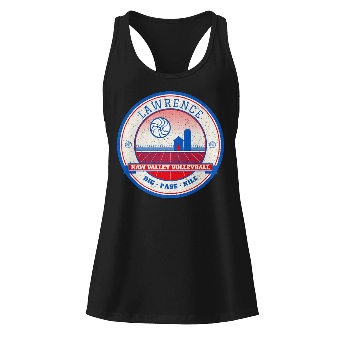 Lawrence Kaw Valley Volleyball Women's Racerback Tank in Black, front view