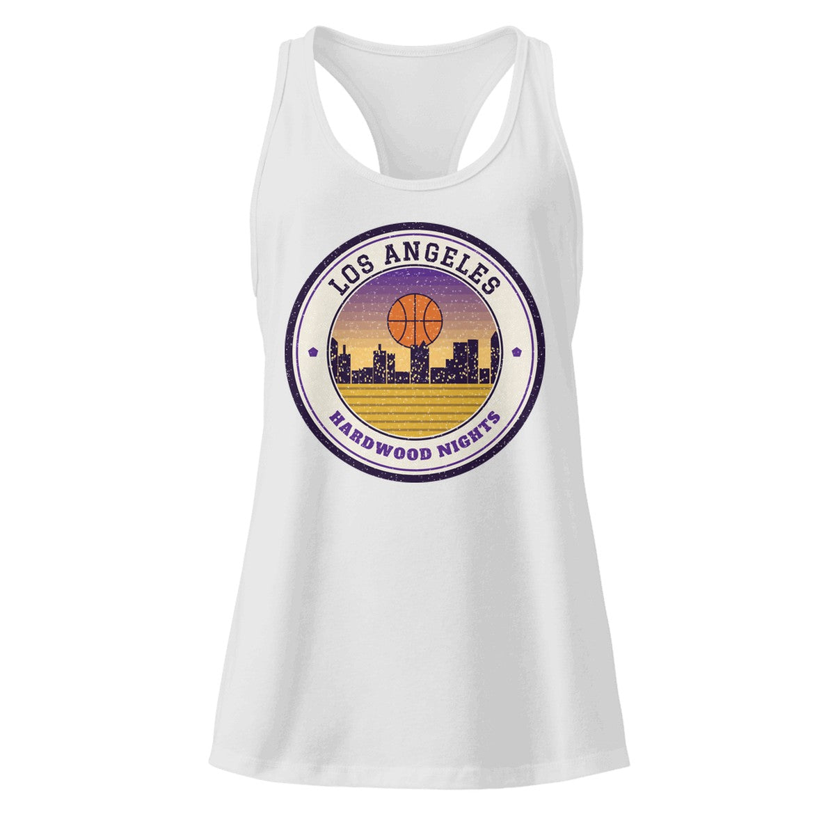 Women's Los Angeles Hardwood Nights Racerback Tank in Heather Gray, front view
