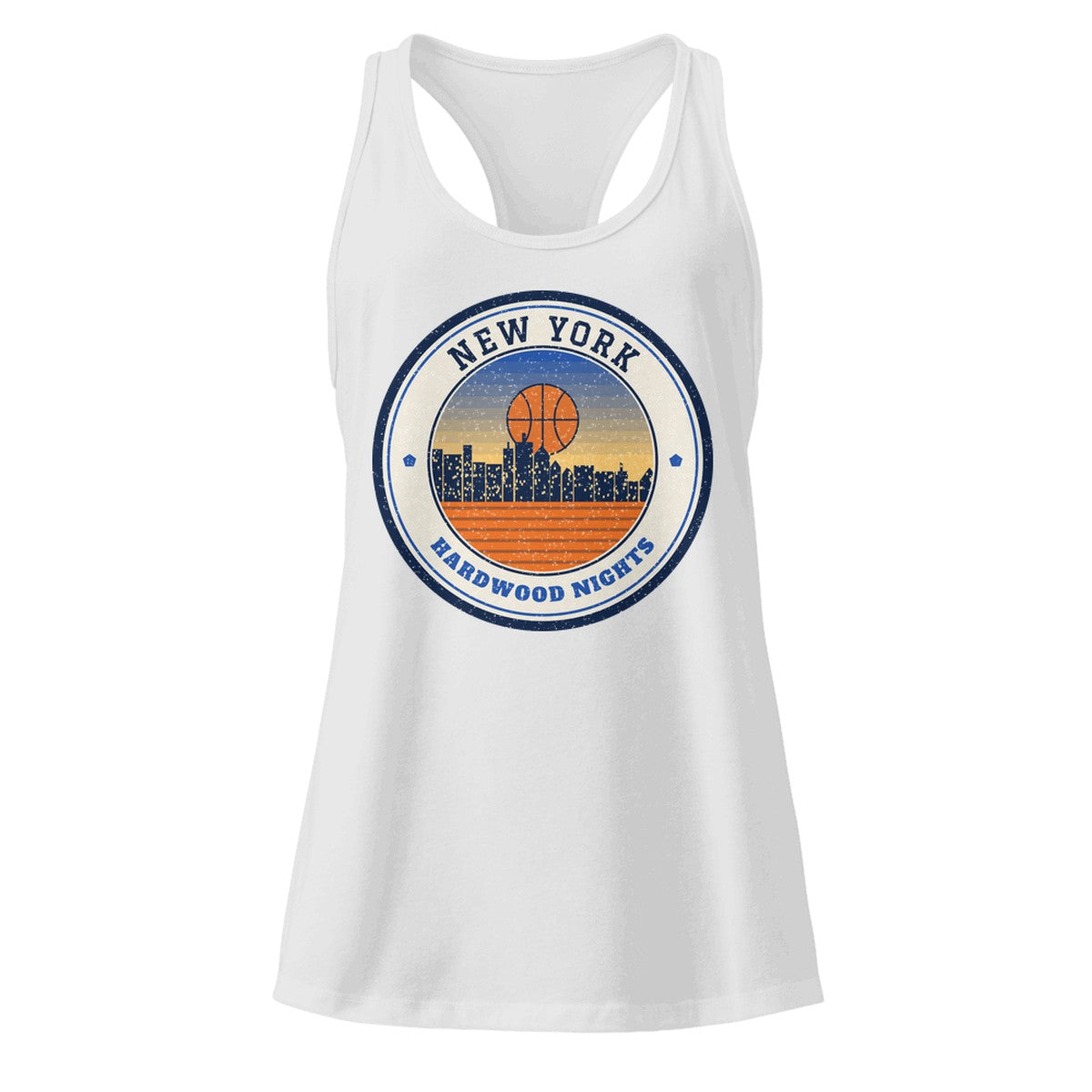 Women's New York Hardwood Nights Racerback Tank in Heather Gray, front view