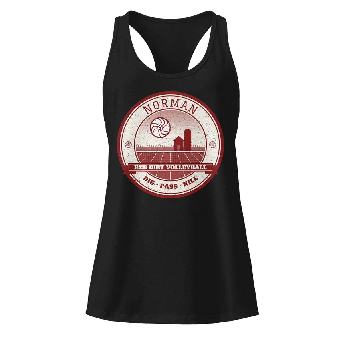 Norman Red Dirt Volleyball Women's Racerback Tank in Black, front view