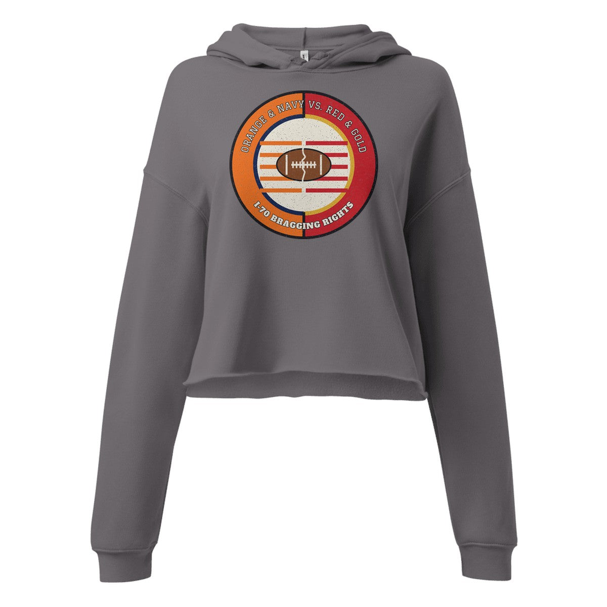 Women's Orange and Navy vs Red and Gold I-70 Bragging Rights Football Cropped Hoodie in Storm, front view