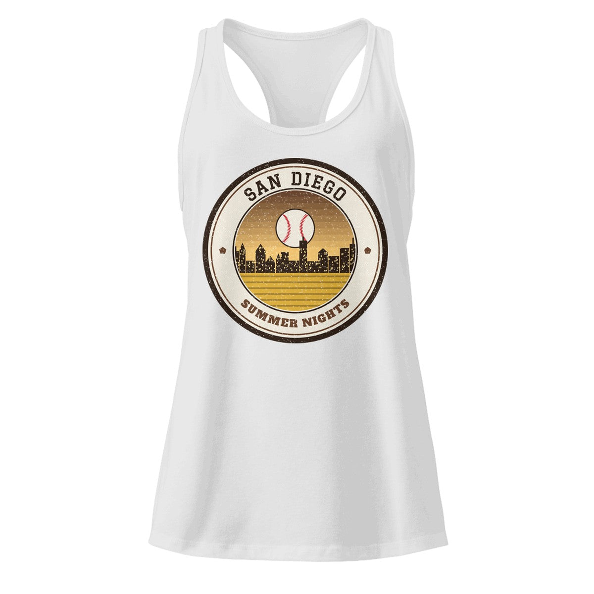 Women's San Diego Summer Nights Ballpark Racerback Tank in Heather Gray, front view