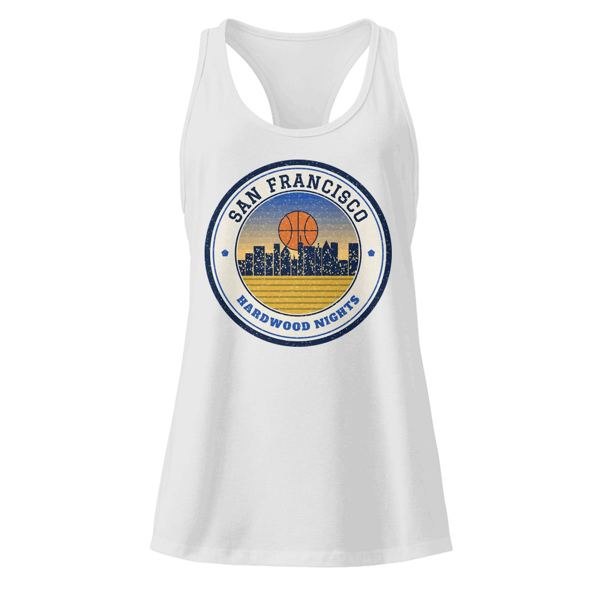 Women's San Francisco Hardwood Nights Racerback Tank in Heather Gray, front view