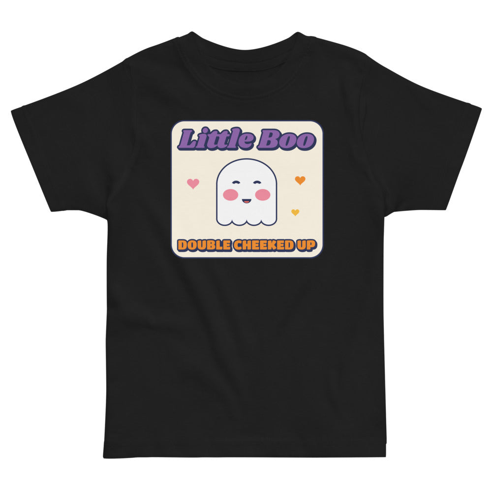 Double Cheeked Up Little Boo Toddler Tee in black, mockup of the design printed on the front of the toddler tee