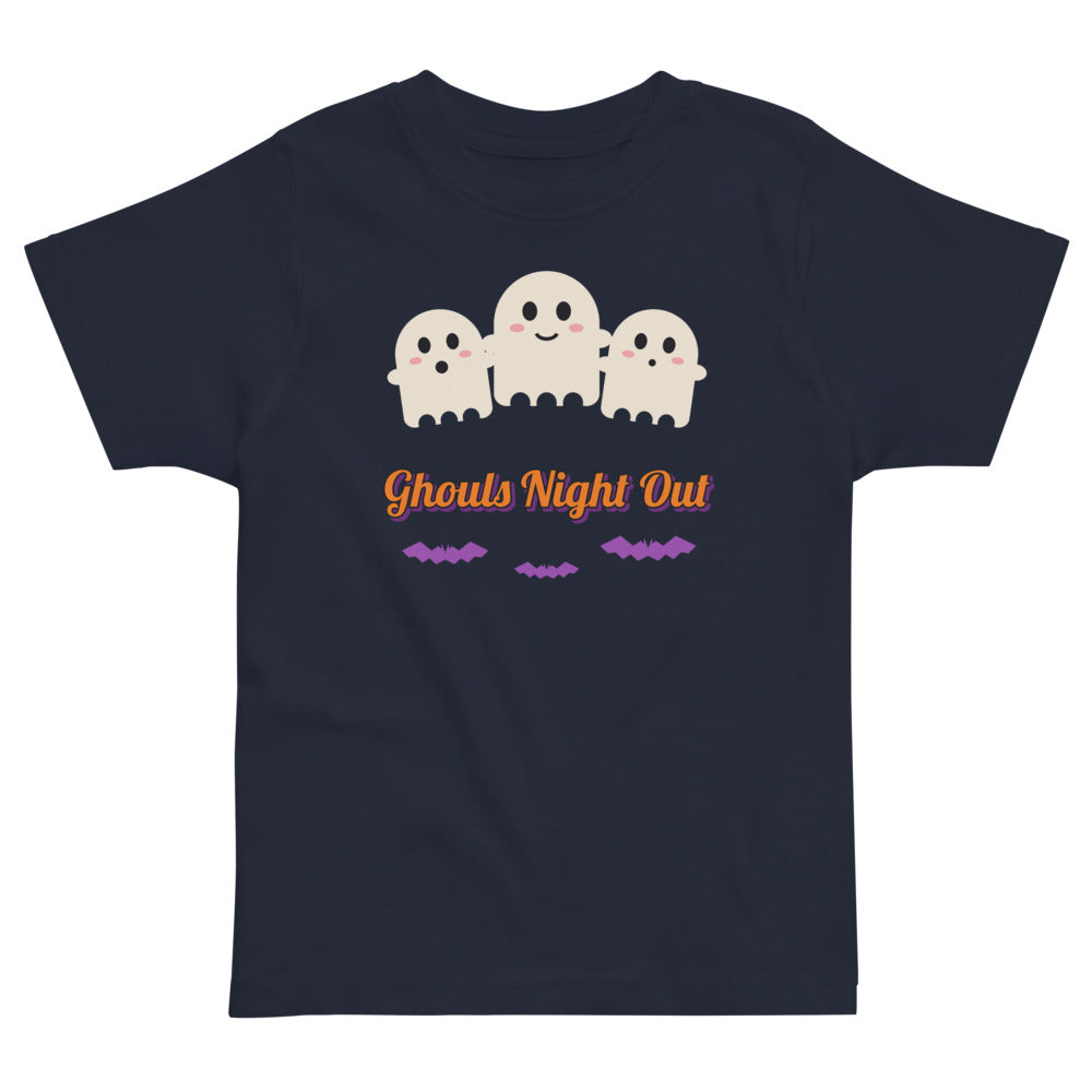 Ghouls Night Out Toddler Tee in navy, mockup of the design printed on the front of the toddler tee