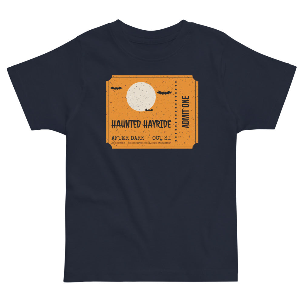 Haunted Hayride Toddler Tee in navy, mockup of the design printed on the front of the toddler tee