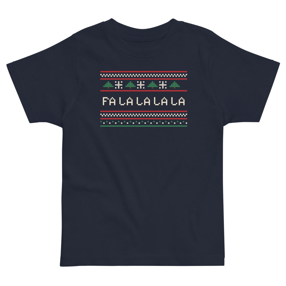 Fa La La Knit Toddler Tee in navy, mockup of the design printed on the front of the toddler tee
