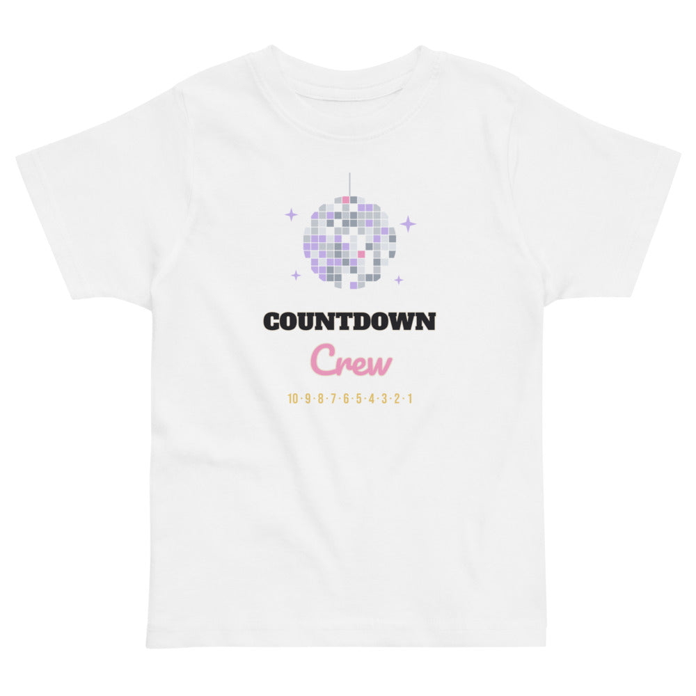 Countdown Crew Toddler Tee in white, mockup of the design printed on the front of the toddler tee
