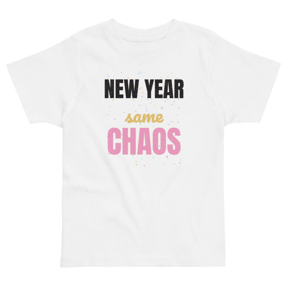 New Year Same Chaos Toddler Tee in white, mockup of the design printed on the front of the toddler tee