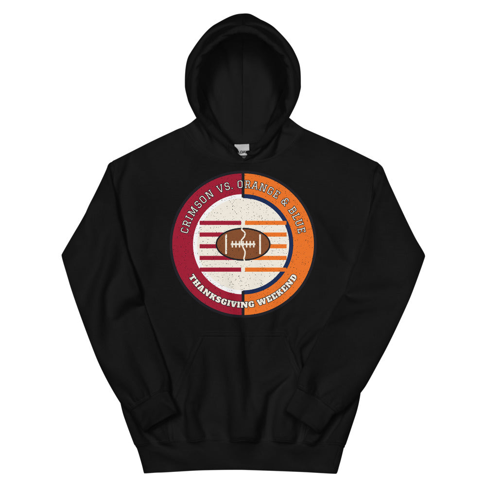Crimson vs Orange and Blue Thanksgiving Weekend Football Hoodie in black, front