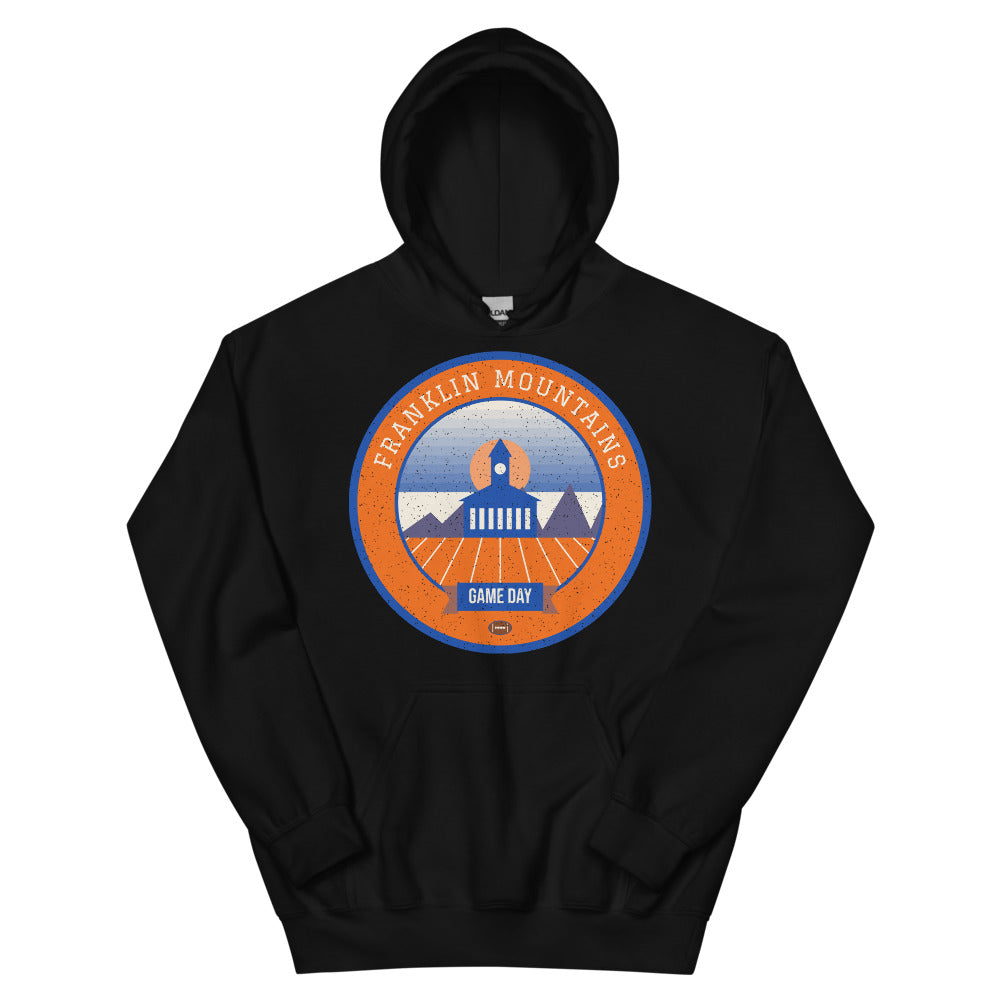 Orange & Blue Borderland Game Day Hoodie in black, front
