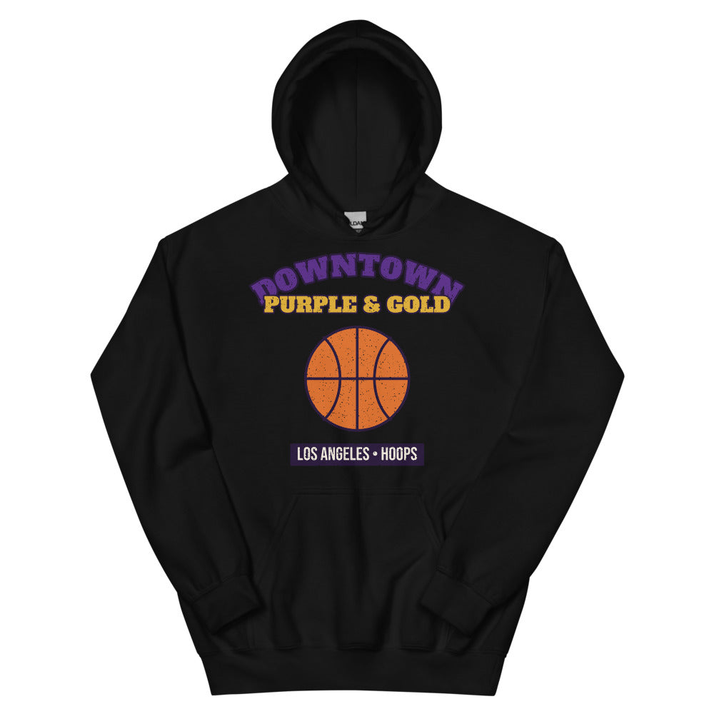 Downtown Purple & Gold Hoops Hoodie in black, front
