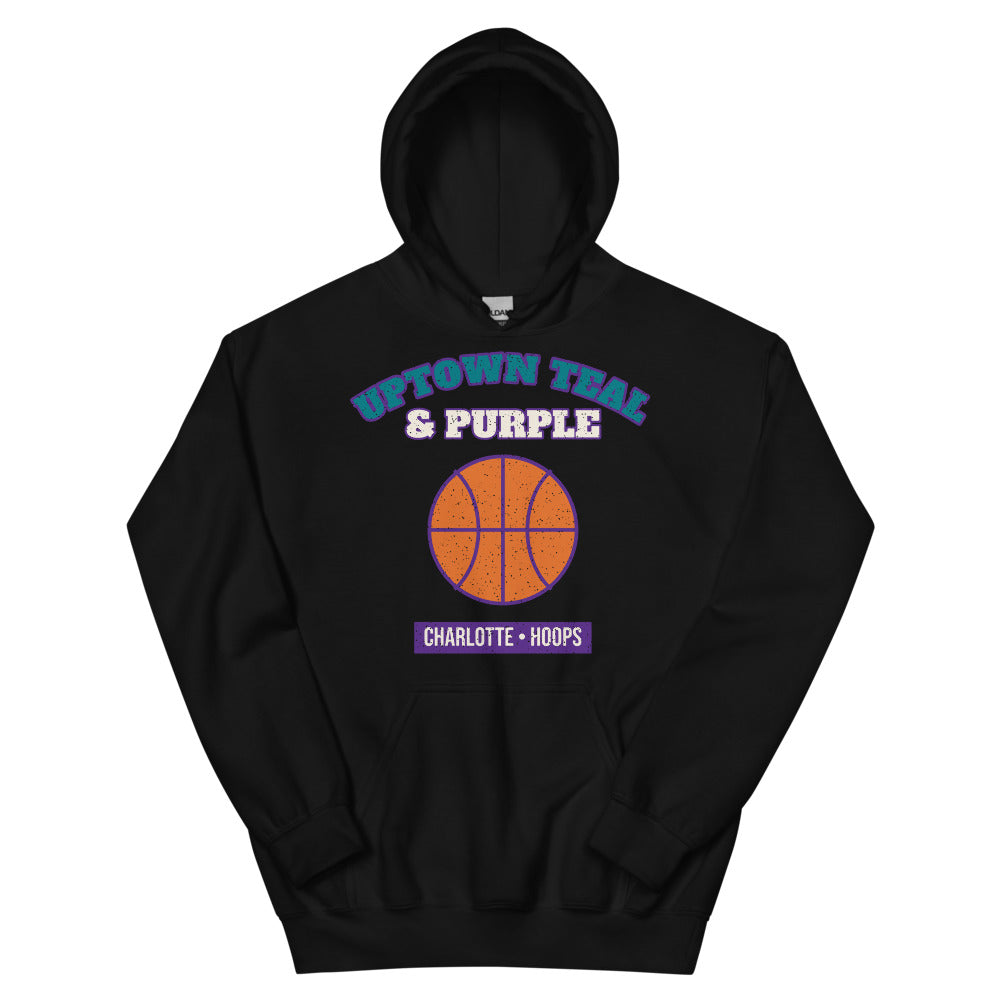 Uptown Teal & Purple Hoops Hoodie in black, front