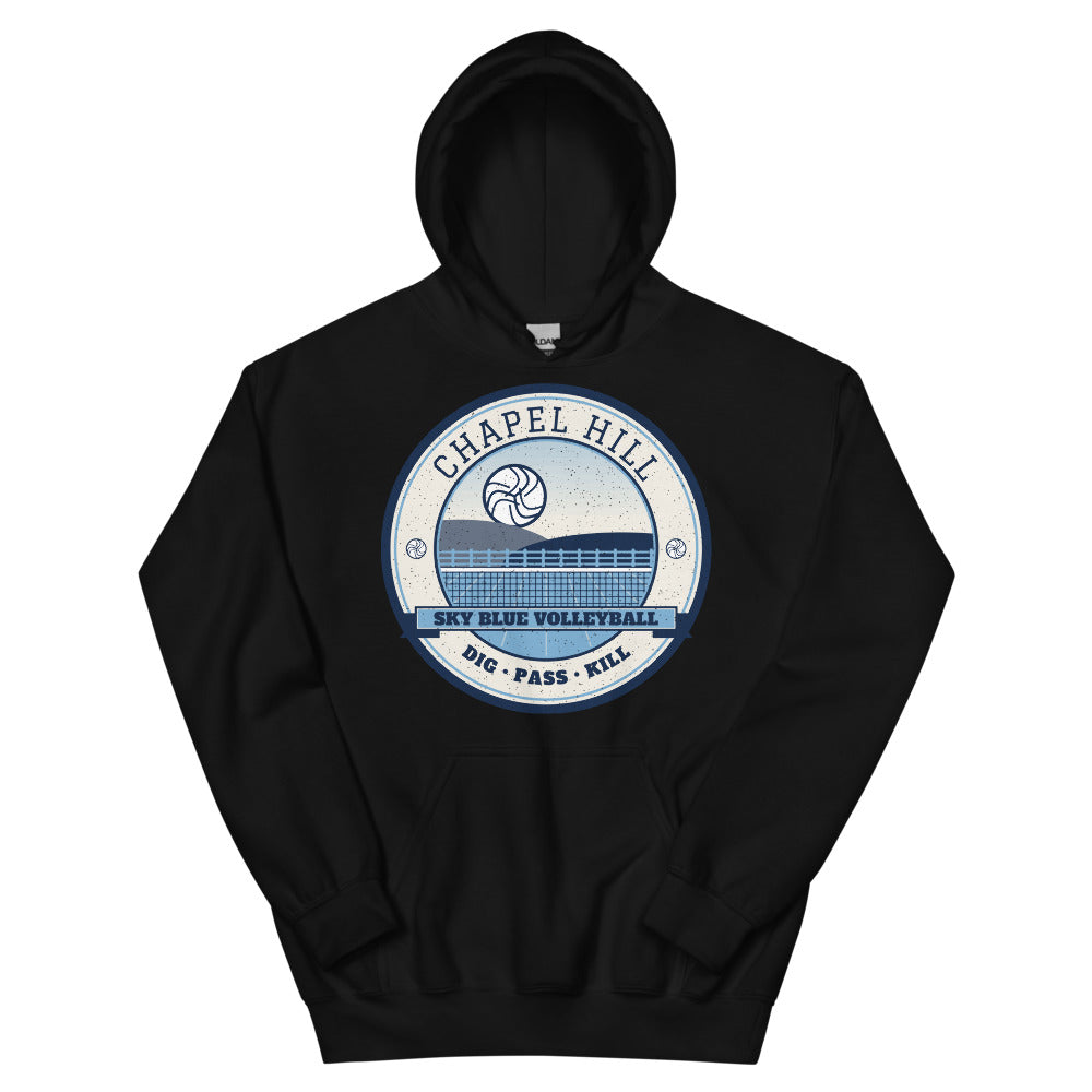 Chapel Hill Sky Blue Volleyball Hoodie in black, front